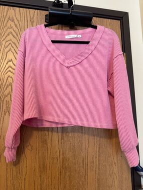 Pink Cropped Waffle V-Neck Sweater